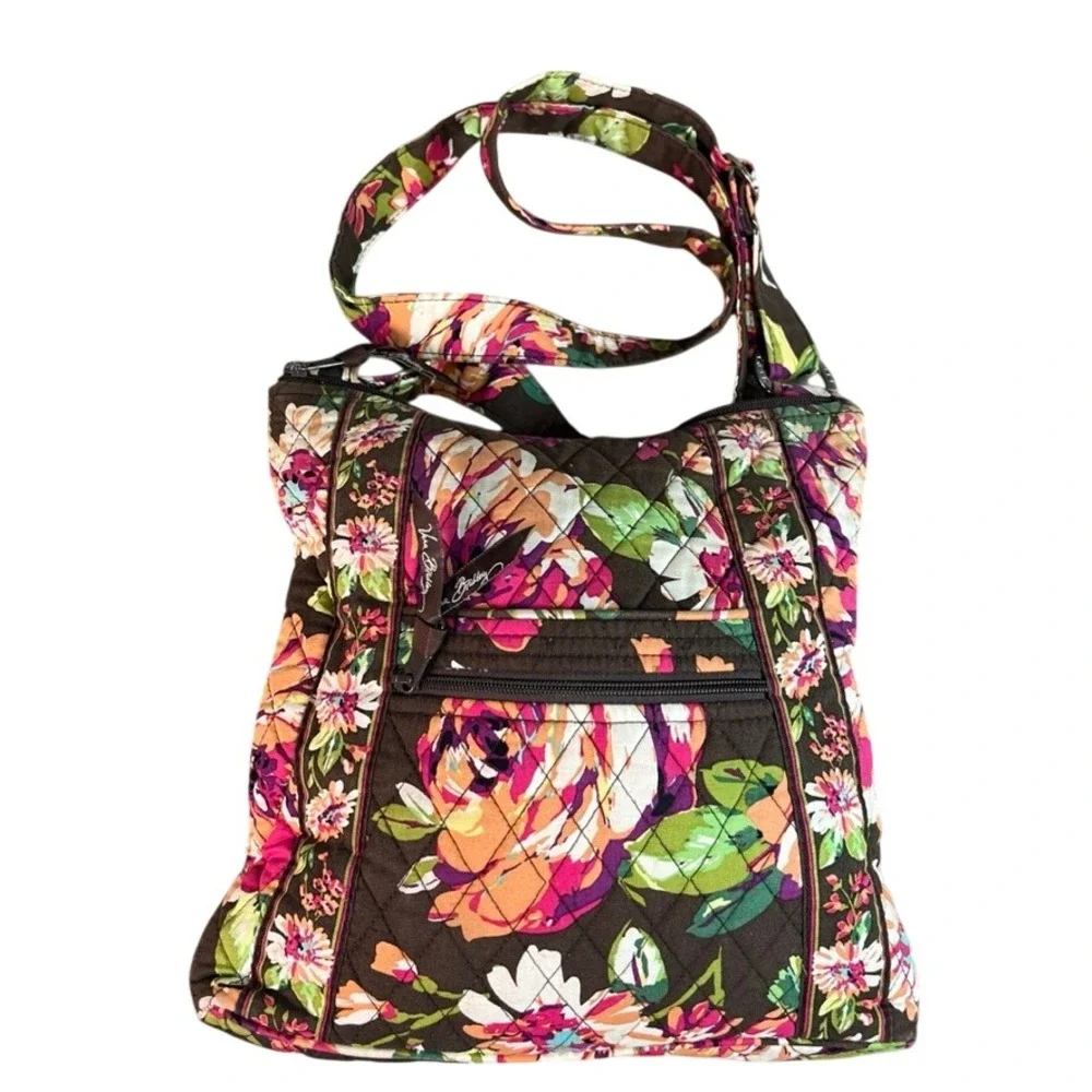Vera Bradley Plum Crazy Floral Quilted Cotton Crossbody Bag Brown Purple Pink